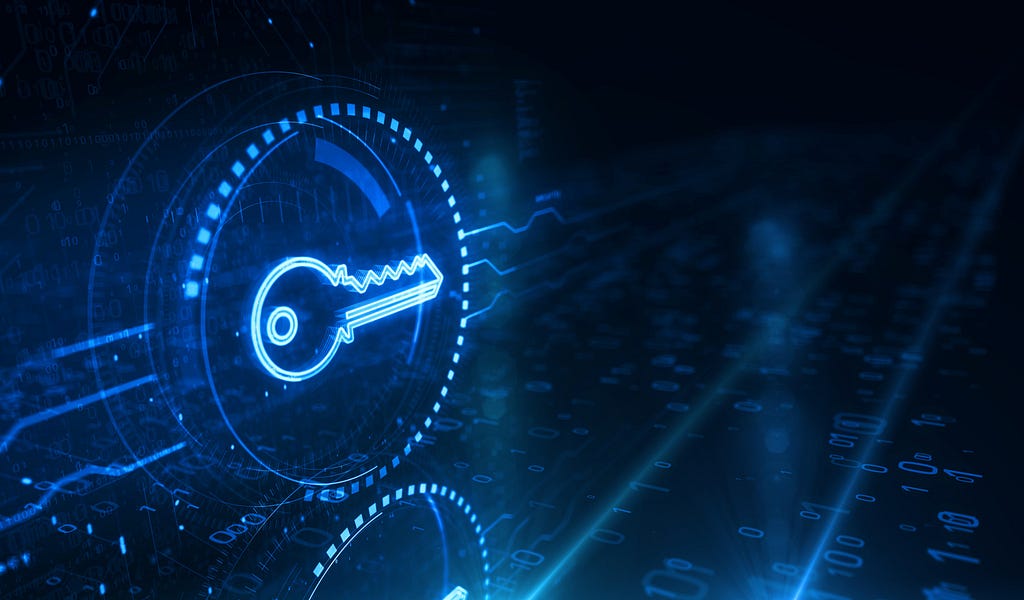 digital image of a blue neon key with a circle around it in cyberspace
