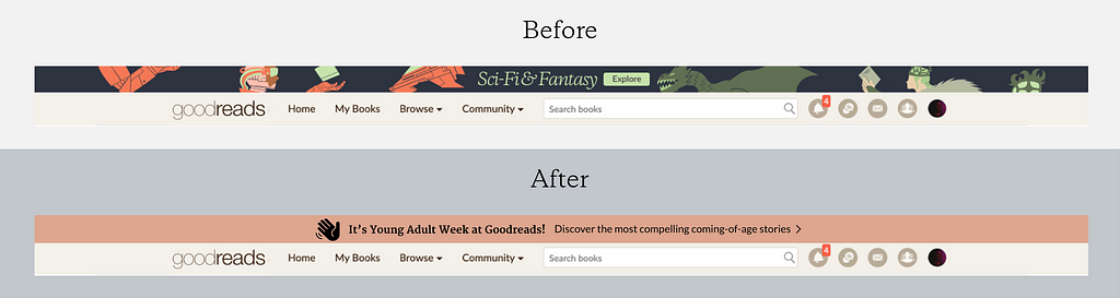 Goodreads banners, before and after a template redesign