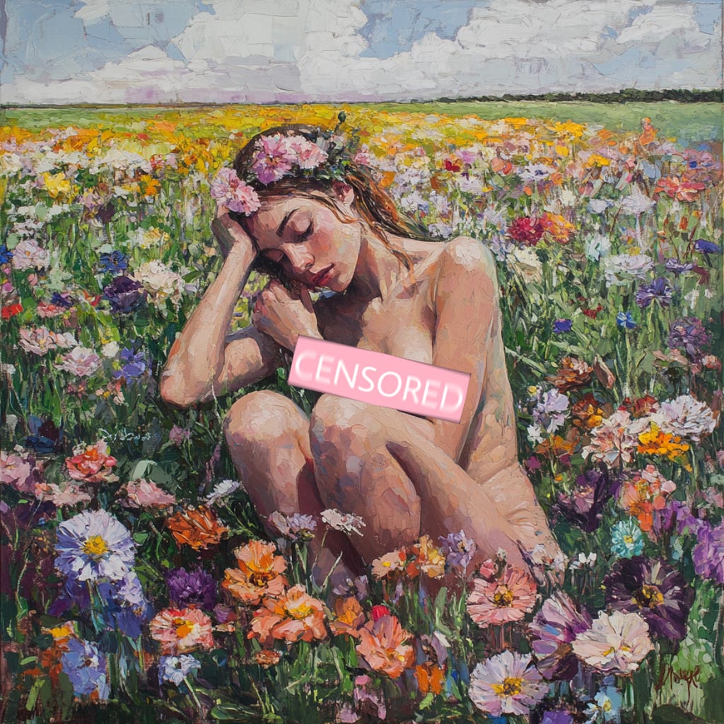 a painting of a naked girl censored in a field of flowers