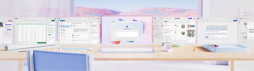 A 3D render image with a soft color palette from periwinkle to lavender. The image itself depicts multiple laptop screens with various productivity user interfaces from Microsoft 365 experiences. Each interface depicts  UX for the new conversation box that houses Copilot. In the background of the image, instead of just a white wall, there are luscious light blue and pink hills.