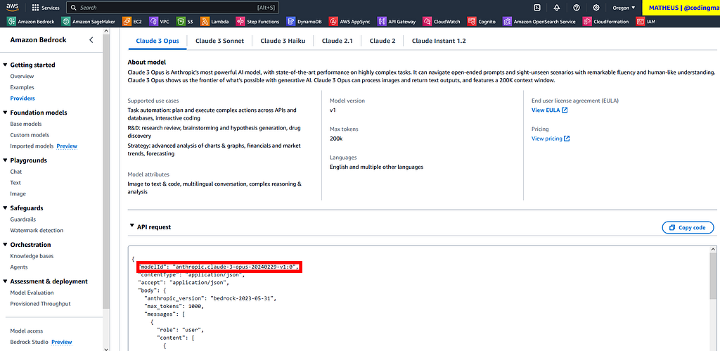 A screen showing details for the Claude 3 Haiku model on the Amazon Bedrock console which include an “API Request” section containing a code sample for a json request where the modelID is shown and is highlighted.