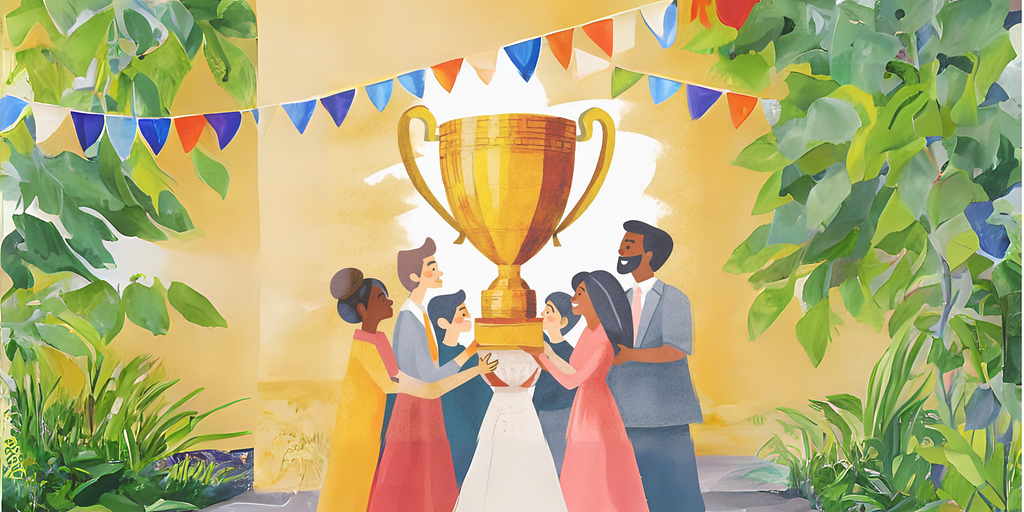 An AI generated photo of people holding a giant gold trophy. The purpose of the photo is to demonstrate people celebrating being number one at morality