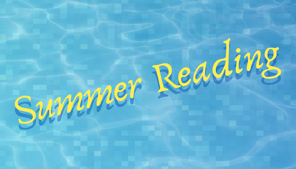 A pixelated, blue pool. The water is rippling. On top, the words “Summer Reading” are written in yellow. A blue shadow shows beneath, giving the words the impression of floating on the water.