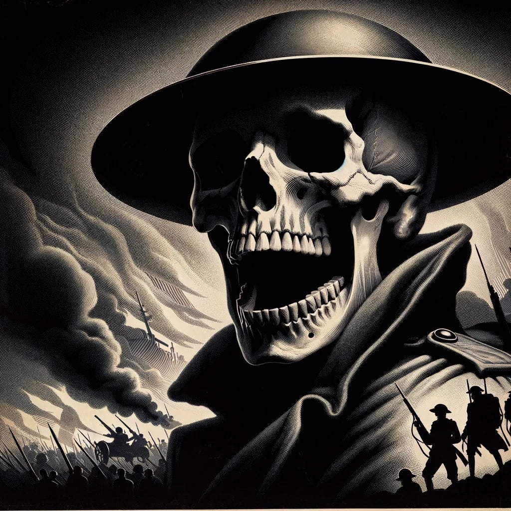 An image of a soldier, but the soldier is a skeleton. In the background are burning buildings, with soldiers silhouetted. It is black and white, reminiscent of The Great War.