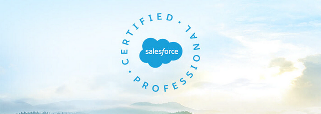 Salesforce Certified Professional logo on a cloudy sky background with mountain tops visible at the bottom of the picture.