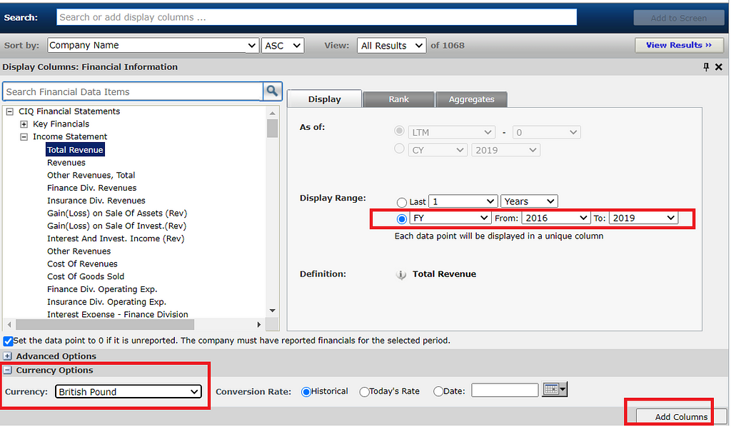 Select a range of dates and currency.