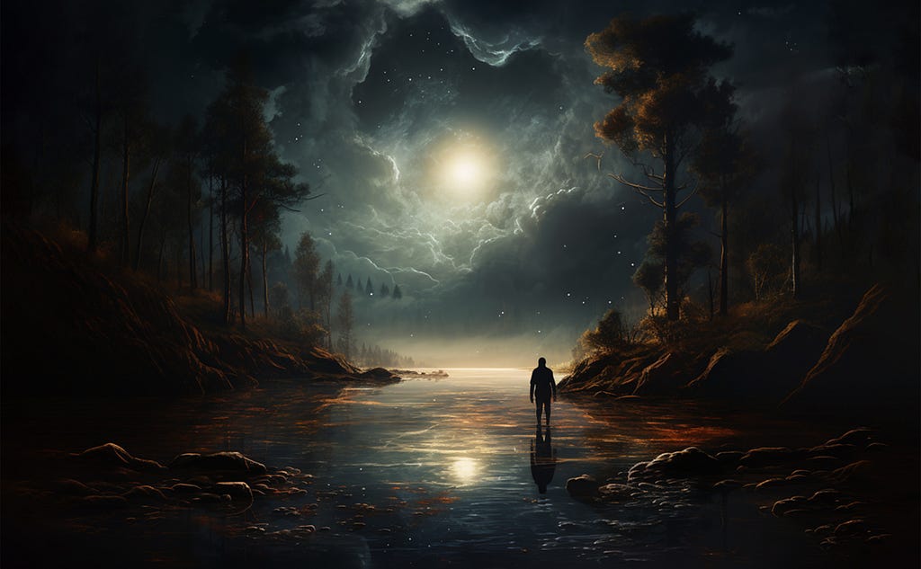 A dream figure appears at the moonlit lake.