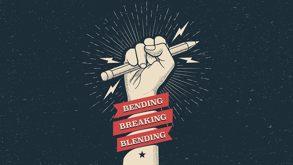 Motivation poster with hand fist holding a pencil with “Bending Breaking Blending” caption. (Adobe Stock File-No.: 291755221)