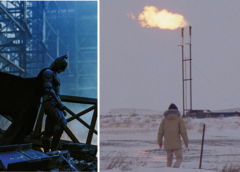 a still from the movie the dark knight and the movie how to blow up a pipeline, with a character from each backdropped against a dreary background