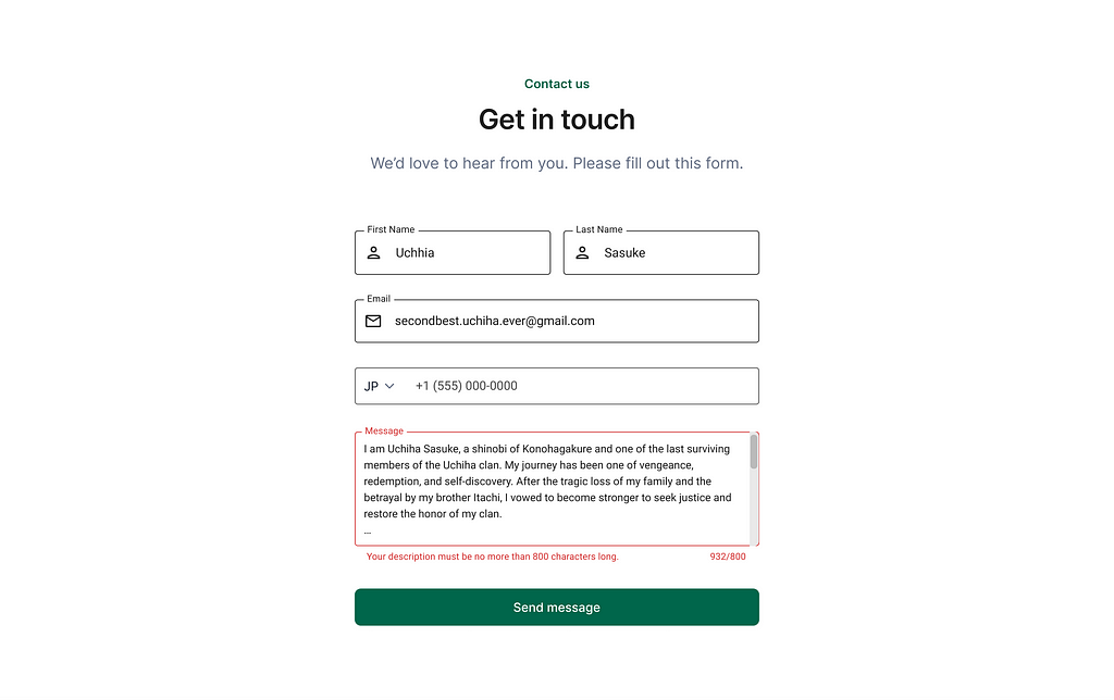 A contact form with fields for First Name, Last Name, Email, Phone Number, and Message. The Message field shows an error for exceeding the character limit of 800 characters.