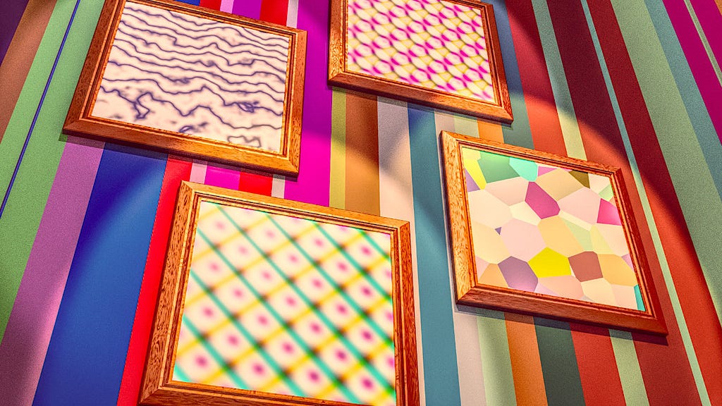 Four framed pictures hung on a colourful wall, each picture displays a basic example of a procedurally generated pattern.