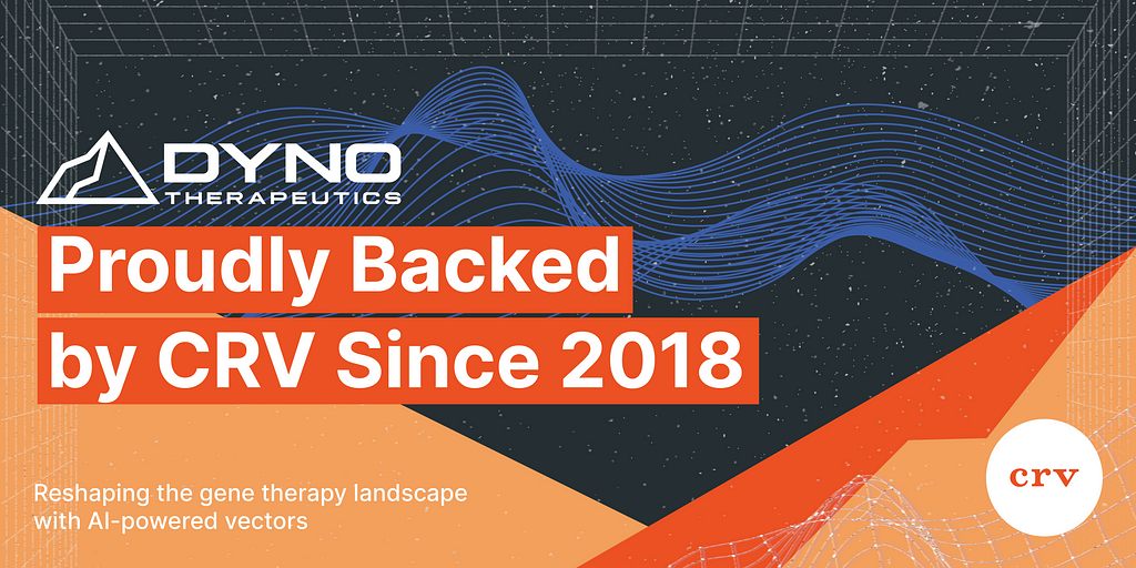 A graphic noting that CRV has proudly backed Dyno Therapeutics since 2018. Dyno Therapeutics is reshaping the gene therapy landscape with AI-powered AAV vectors.