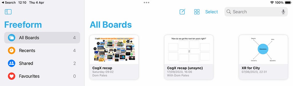 Screenshot of section of ‘All Boards’ view of Freeform app. Includes Freeform menu options on the left side (‘All Boards’, ‘Recents’, ‘Shared’ and ‘Favourites’) and thumbnail views of three boards on the wider right side.