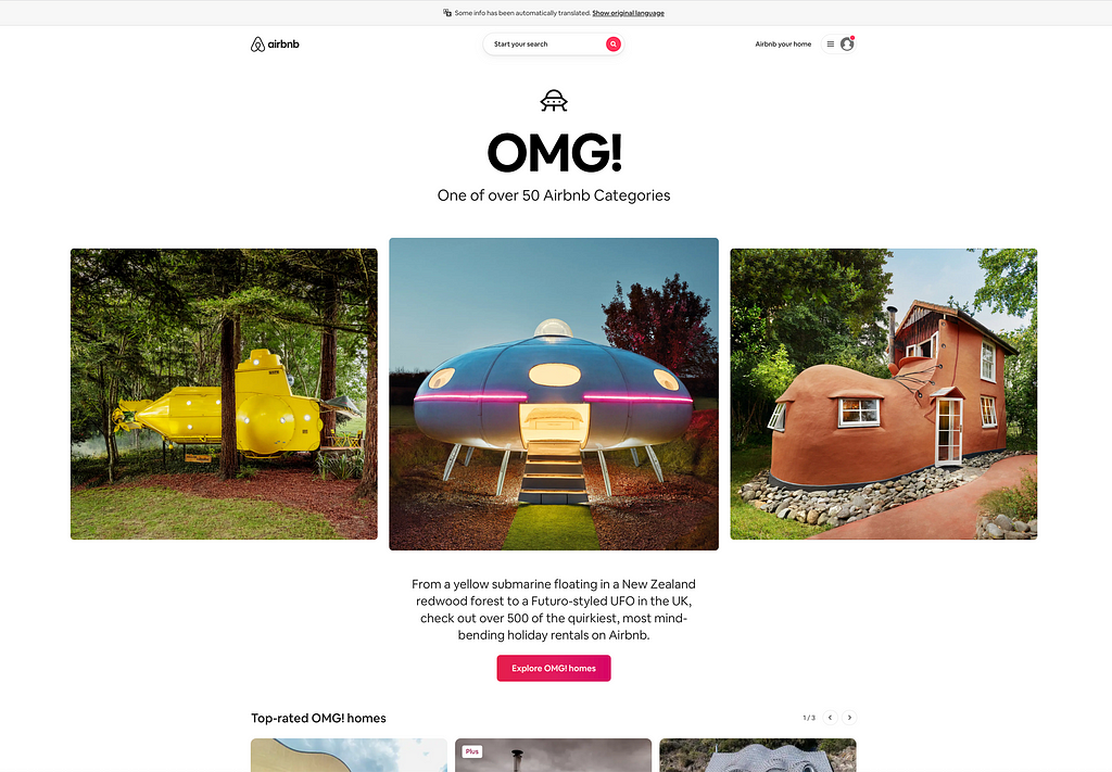 A screenshot of OMG! category page of Airbnb's website, displaying 3 images of unique houses on a white background.