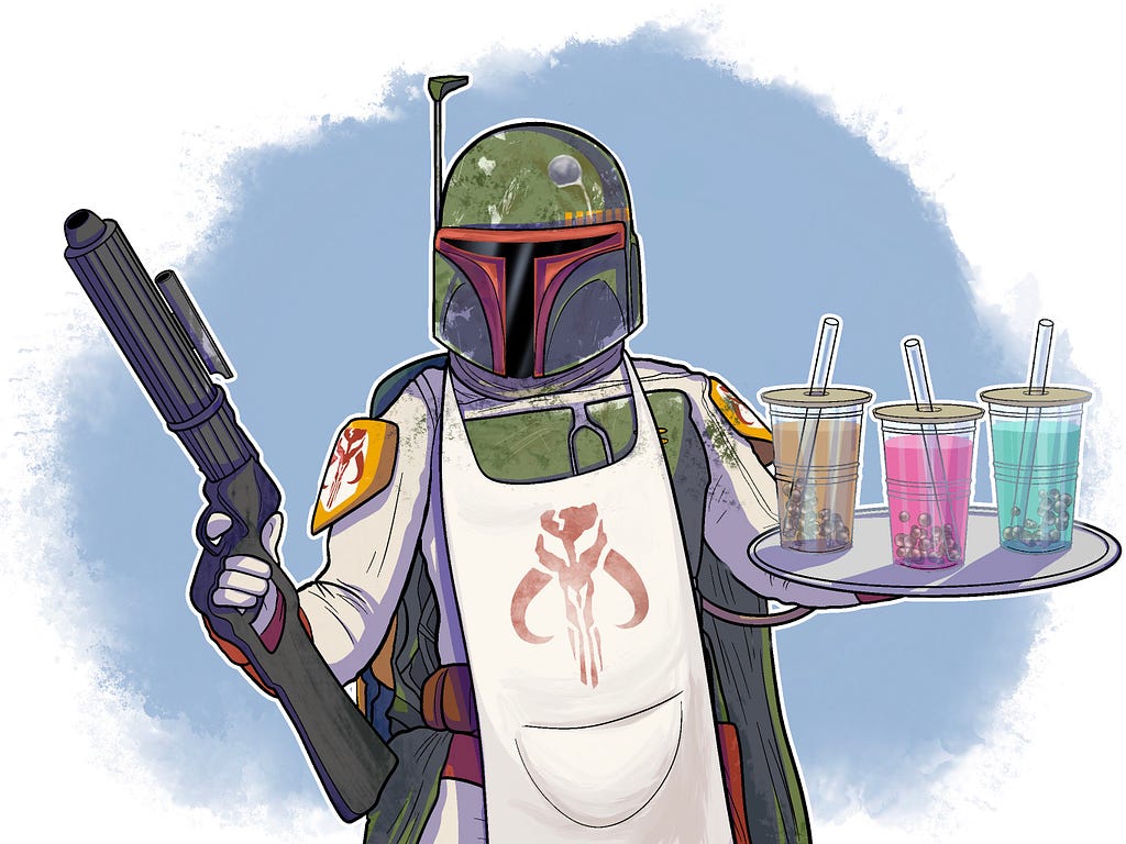 Drawing of Boba Fett with raised weapon in right hand, serving tray of Boba teas in left hand; he’s wearing his armor and helmet, plus an apron with his signet.