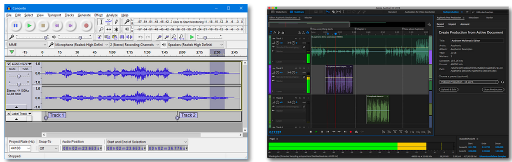 Comparison between two audio mixing softwares. Open source software vs a paid software from Adobe.