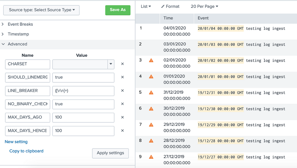 Image of Splunk’s Add Data screen with corrected Datetime.xml file in place.