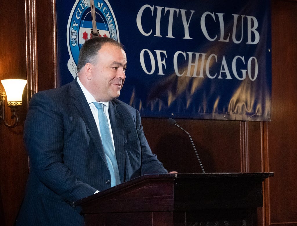 Assessor Fritz Kaegi at the podium delivering speech to the City Club of Chicago.