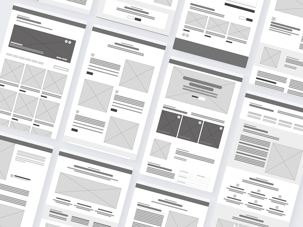 A picture showing wireframes created from the sitemap and information architecture.