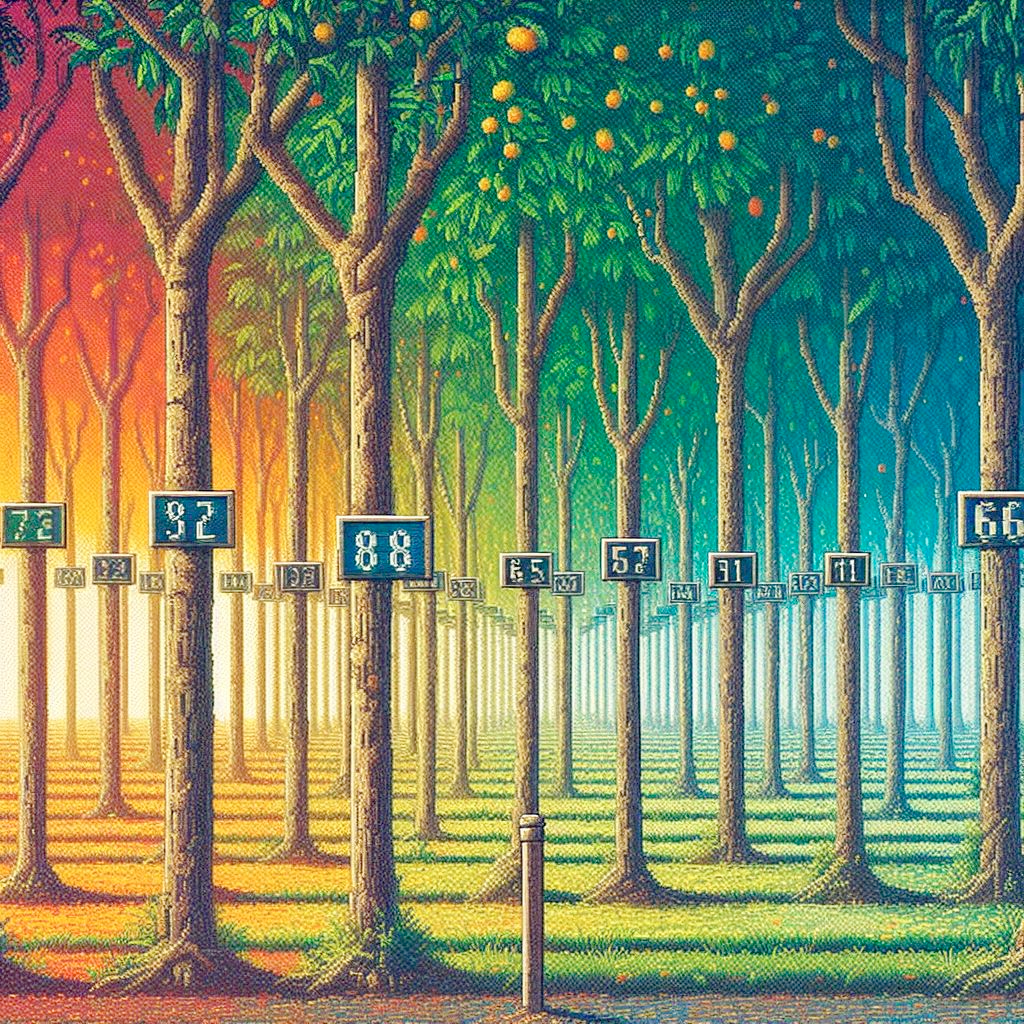 A colorful painting of lines of mango trees, each column has a numbered sign post in front, in the style of 1800s, pixel art