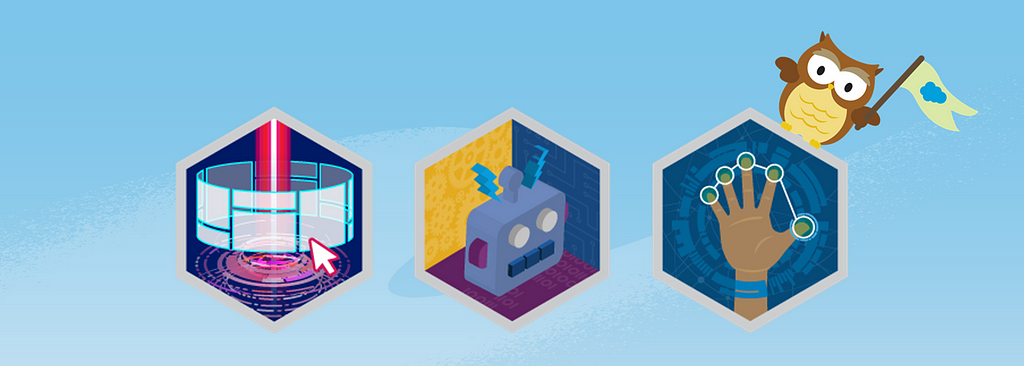 Badges for App Customization Specialist, Process Automation Specialist, and Security Specialist—Hootie sits on the last one.