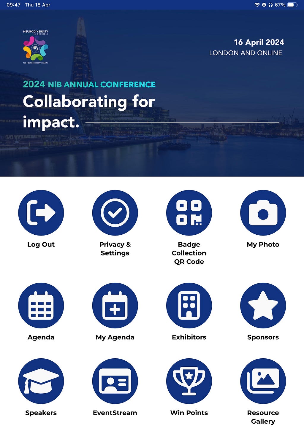 16th April 2024, London and online, 2024 NIB Annual Conference, Collaborating for impact, Buttons for event app e.g. Log out Badge collection QR code, Agenda, My agenda, exhibitors, Sponsors, Speakers, Event stream, Win points, Resource gallery