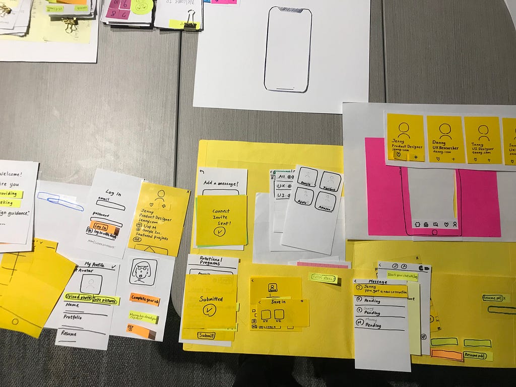 My documentary photo of my paper prototyping components for my designer mentorship app