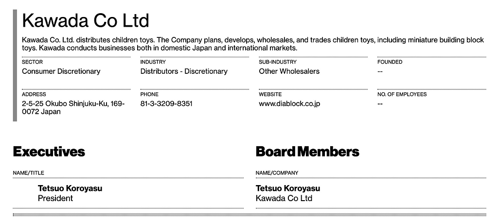 Kawada’s business profile on Bloomberg