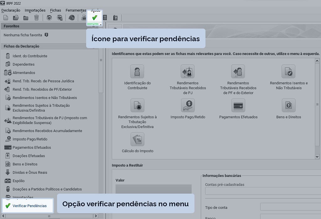 Imagem mostrando no sistema a localização da opção “Verificar Pendências”.