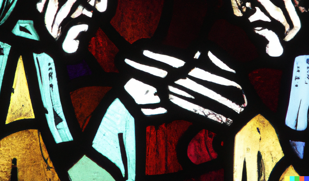 A stained glass window depicting hands held in prayer.