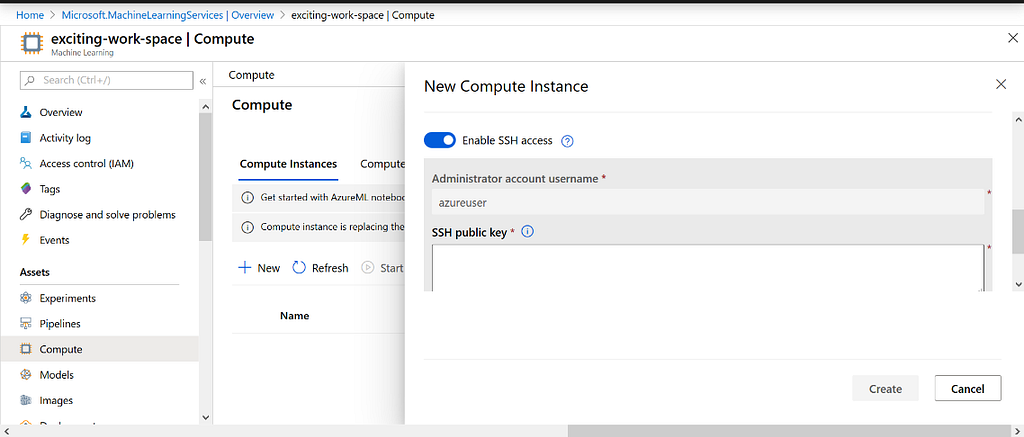 azure ML new compute instance UI — azure virtual machine