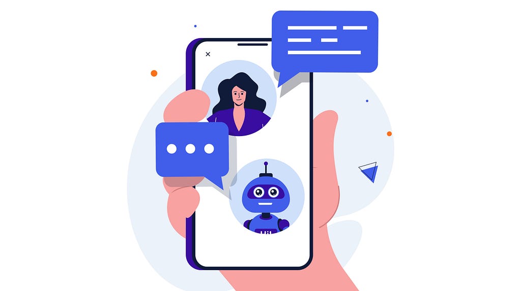 An illustration of a hand holding a mobile phone that depicts an interface of a human and a robot chatting back and forth.