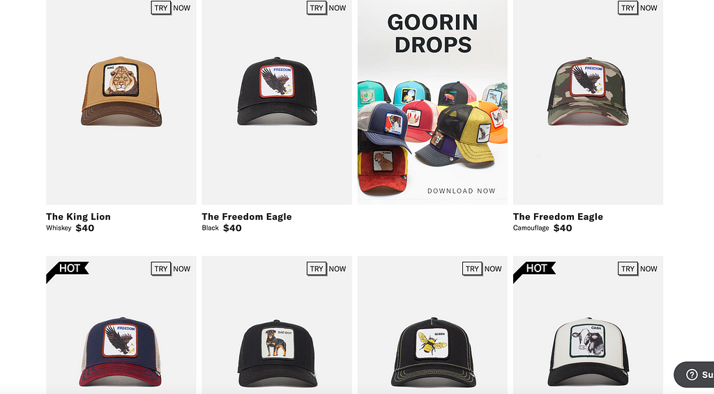 Screenshot from the Goorin Bros. website of different animal farm trucker hats.