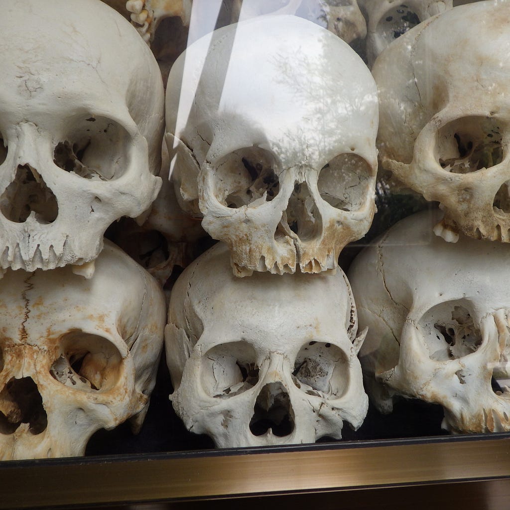 Skulls from the SW-21 Killing Field in the temple stupa.