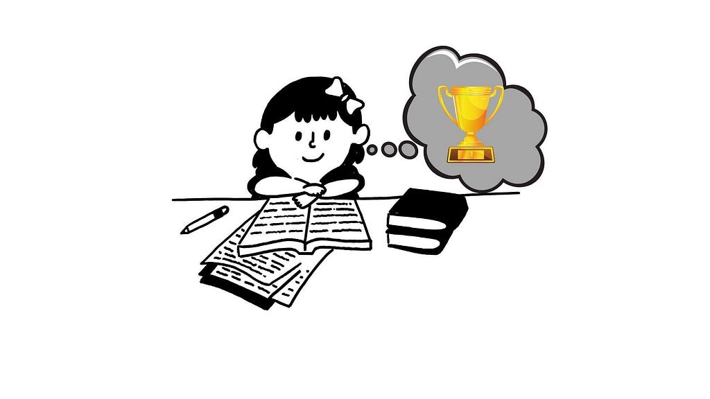 This image represents a girl studying to win that cup thus reflecting the concept of Instrumental Conditioning.