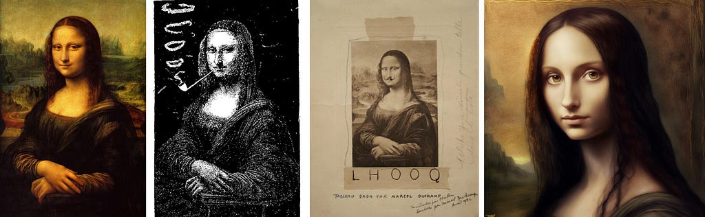 Four images of the Mona Lisa. The first is the original painting by Leonardo da Vinci. The second is the augmented ‘Mona Lisa Smoking a Pipe’ by Eugène Bataille. The Third is the infamous ‘L.H.O.O.Q.’ by Marcel Duchamp. The fourth is an interpretation of the Mona Lisa by Midjourney AI, prompted by the author.