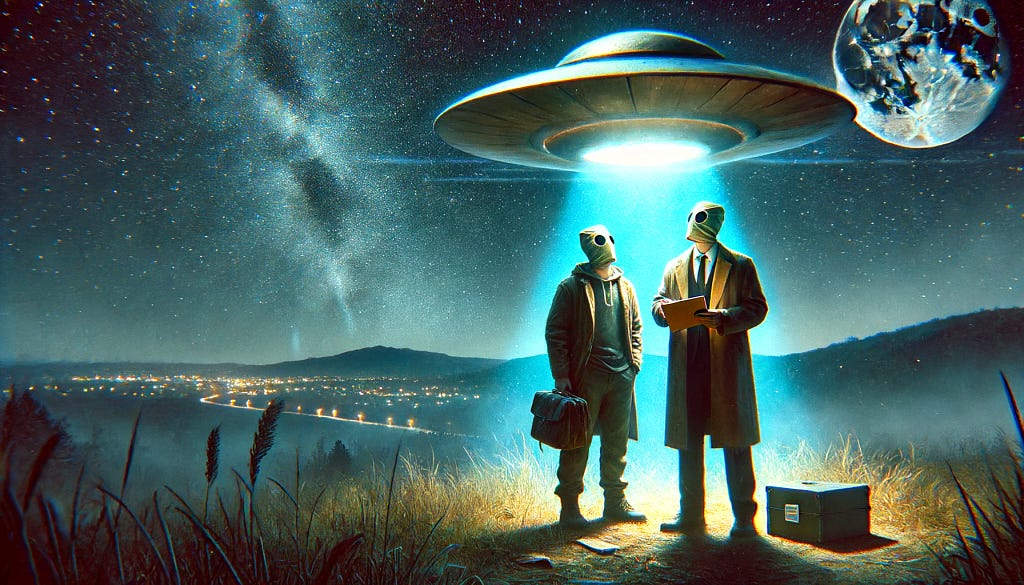 An artistic representation of the Lead Masks Case involving UFOs. The scene shows two men with homemade lead masks on their eyes standing on Vintém Hill