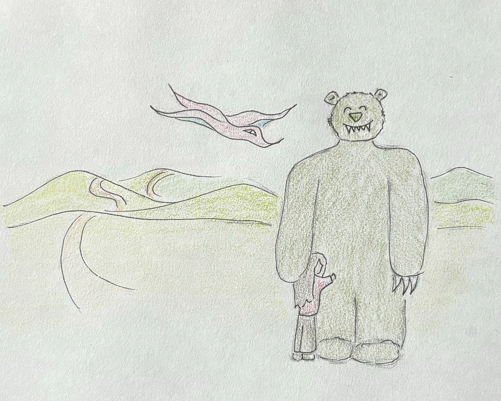 colored pencil drawing of a giant green, furry monster and a pink and blue bird. A girl is hugging the bear and they are standing in the green hills.