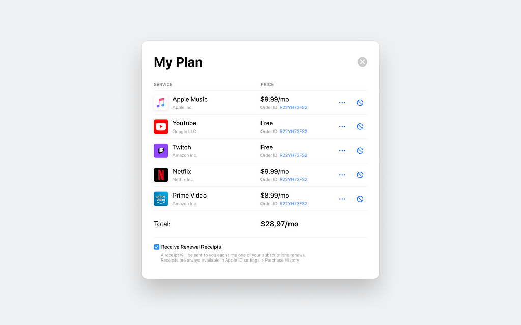 Popup. My Plan title. List of subscriptions (Service icon and name + price + “More and Unsubscribe” icons). Total price.