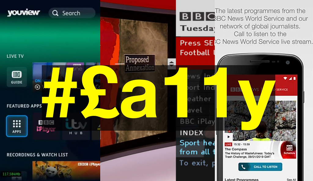A montage of images from YouView, Red Button and World Service with the hashtag #£a11y