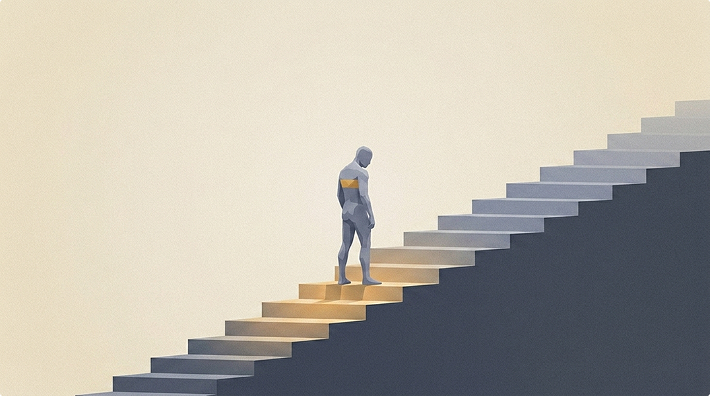 A lone figure pauses on a staircase, the steps already climbed glowing gold below and the steps still to climb receding into grey.