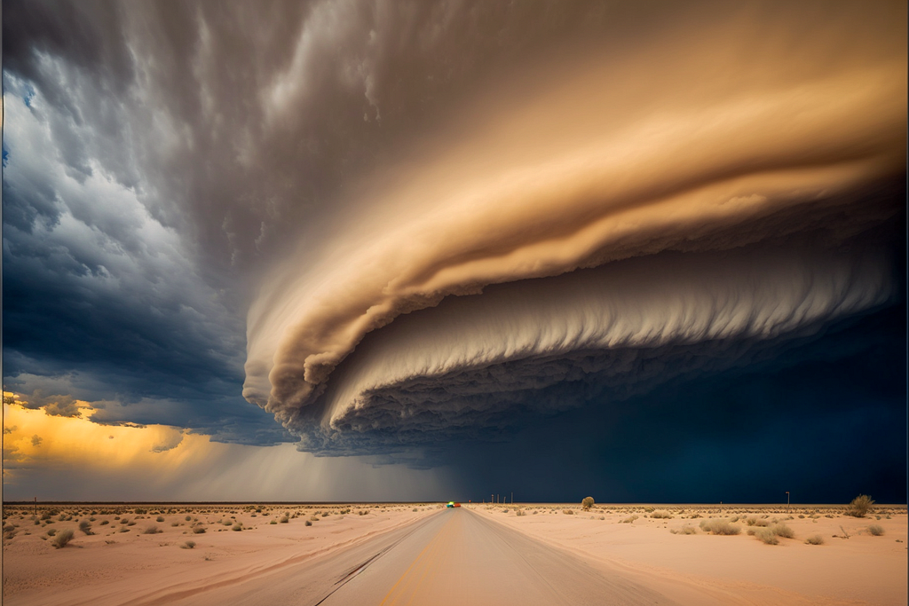 arcus shelf cloud over desert road
