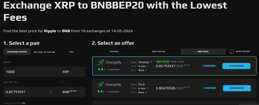 Trade XRP for BNB with SwapZone
