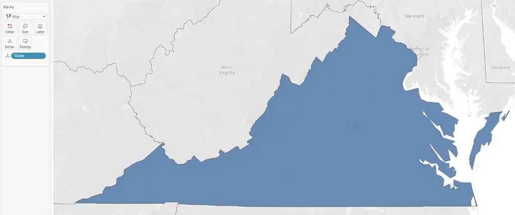 An image of Virginia, filled-in with the color blue, with Tableau’s “Marks card” sidebar visible.
