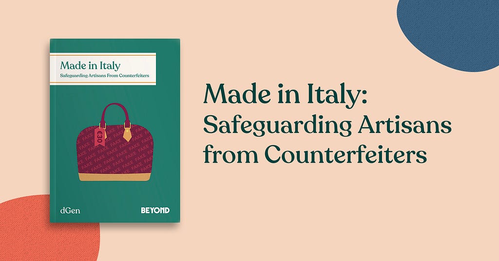 Image of a book titled ‘Made in Italy: Safeguarding Artisans from Counterfeiters’ with a ‘fake’ purse over light background.