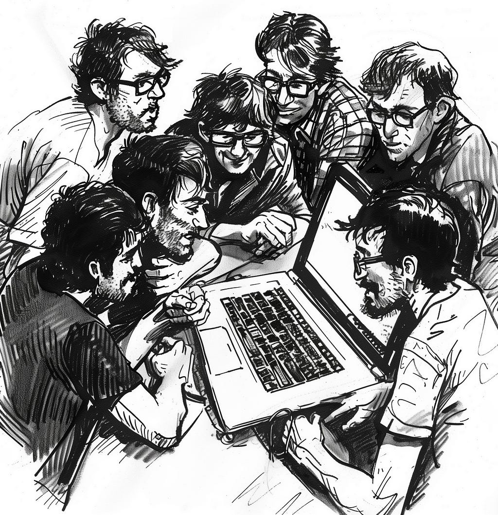 An illustration depicting a team of software professionals around a laptop