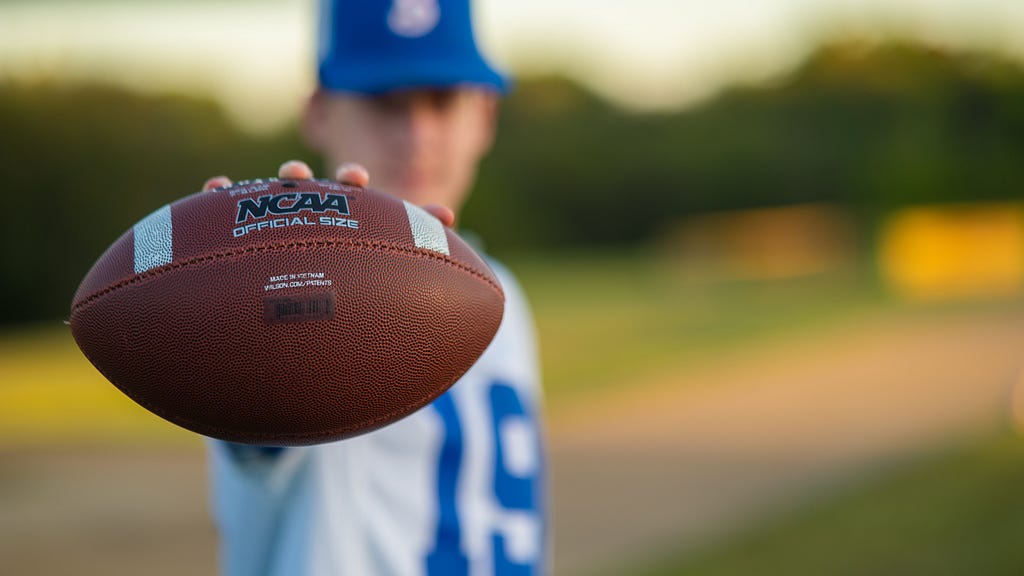 football player holding up an ncaa football