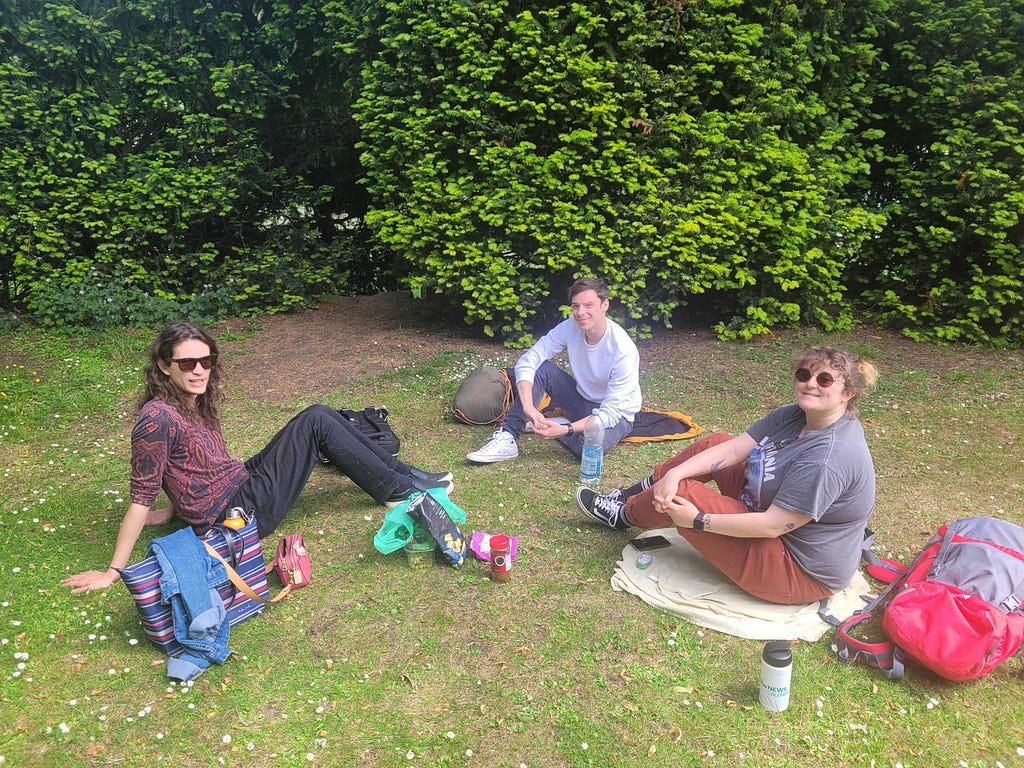 Three people sat on some grass in a park. There are some tall evergeen bushes in the background.