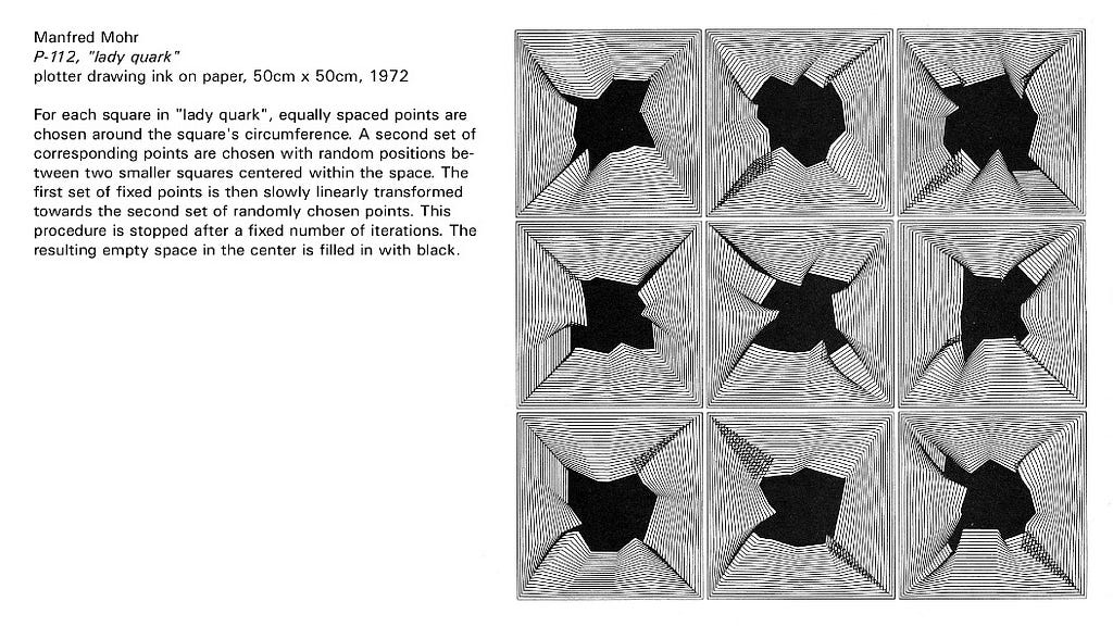 P-112, “Lady Quark”, a 1972 plotter artwork by Manfred Mohr. Nine squares arranged in a 3x3 grid progressively transform, over the course of 23 iterations, into randomized, crinkly polygons.