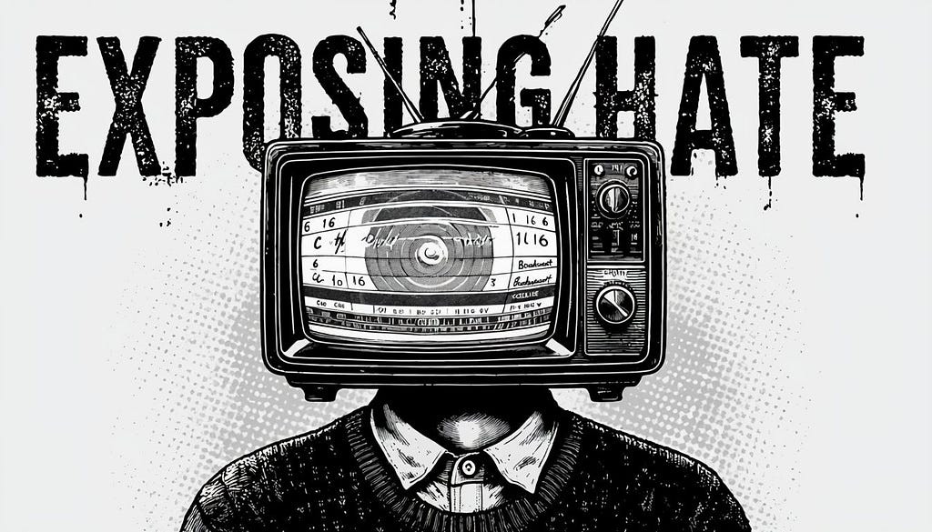 Black and white illustration of a person with a vintage TV for a head. The TV screen shows a hypnotic spiral. Above the image, the word “EXPOSING HATE” is written in large distressed letters.